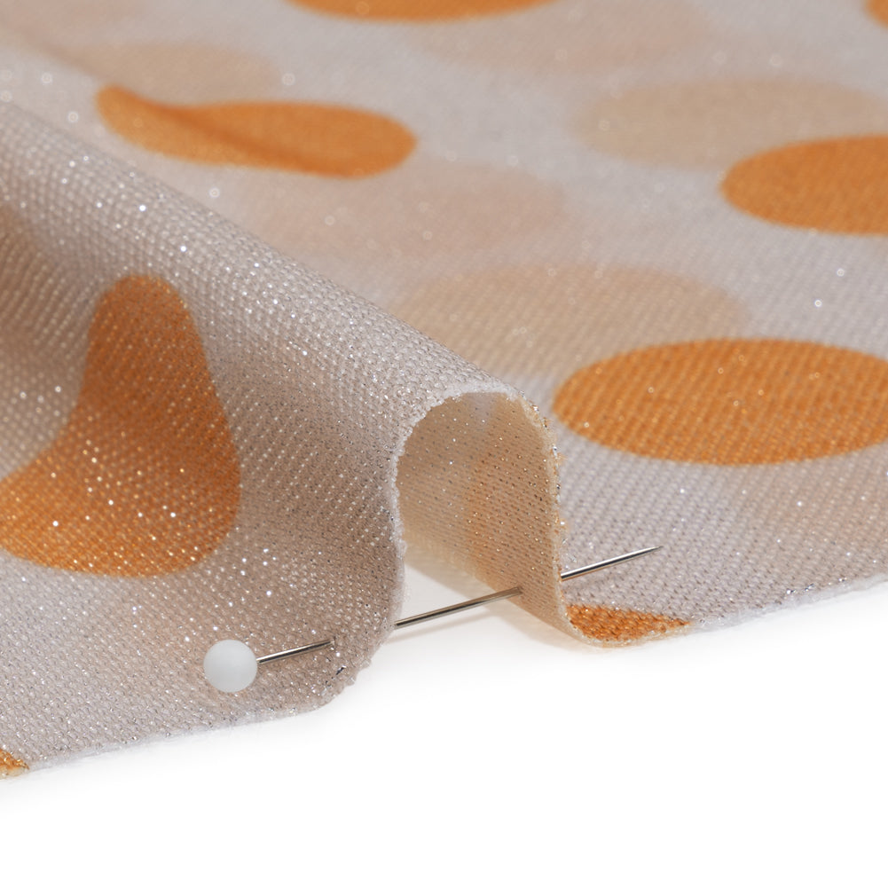 Metallic Silver, Light Mauve and Orange Polka Dots Lightweight Polyester Tricot Detail