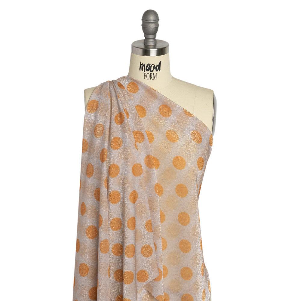 Metallic Silver, Light Mauve and Orange Polka Dots Lightweight Polyester Tricot Drape