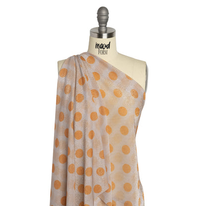 Metallic Silver, Light Mauve and Orange Polka Dots Lightweight Polyester Tricot Drape