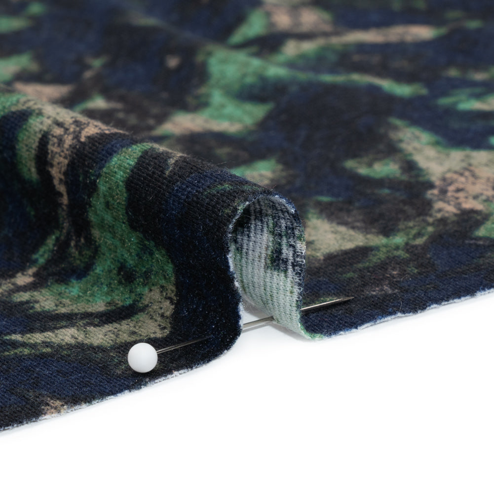 Navy, Green and Taupe Leaf Impressions Polyester Interlock Knit Detail