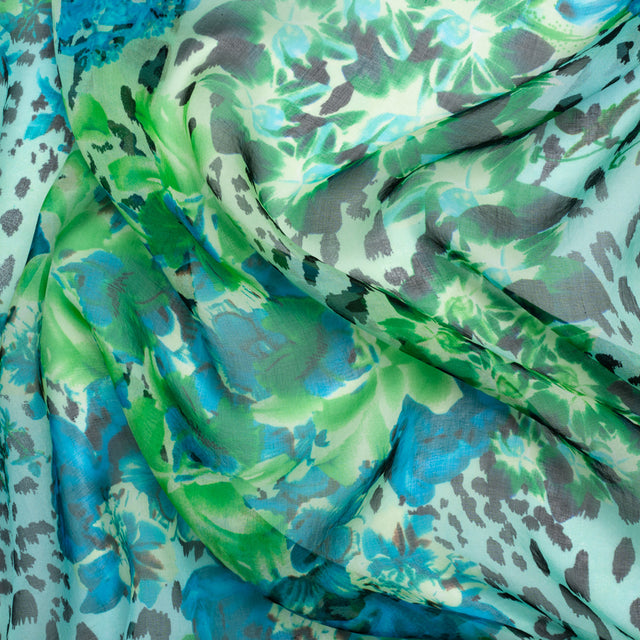 Blue and Green Jungle Fun Silk Voile