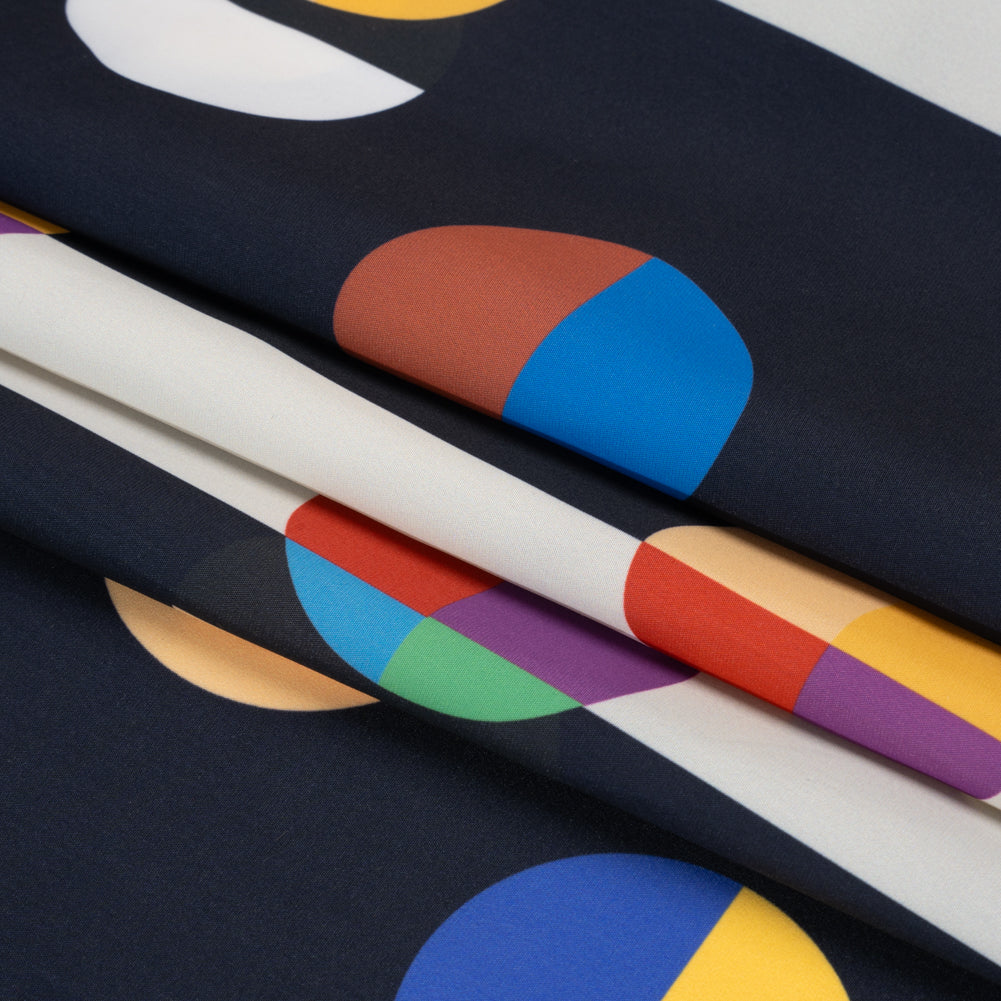 Midnight, Cream and Multicolor Split Polka Dots on Wide Stripes Polyester Woven Folded