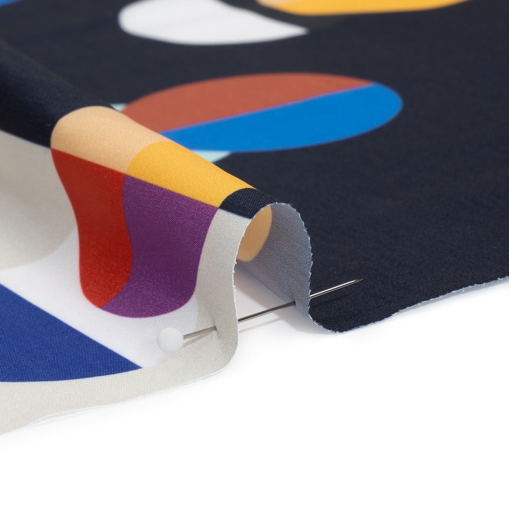 Midnight, Cream and Multicolor Split Polka Dots on Wide Stripes Polyester Woven Detail