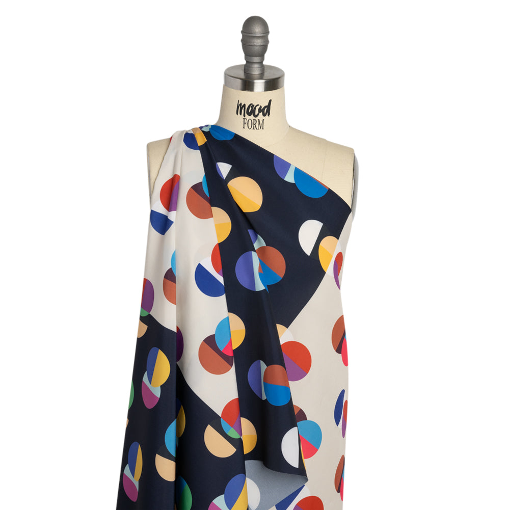 Midnight, Cream and Multicolor Split Polka Dots on Wide Stripes Polyester Woven Drape