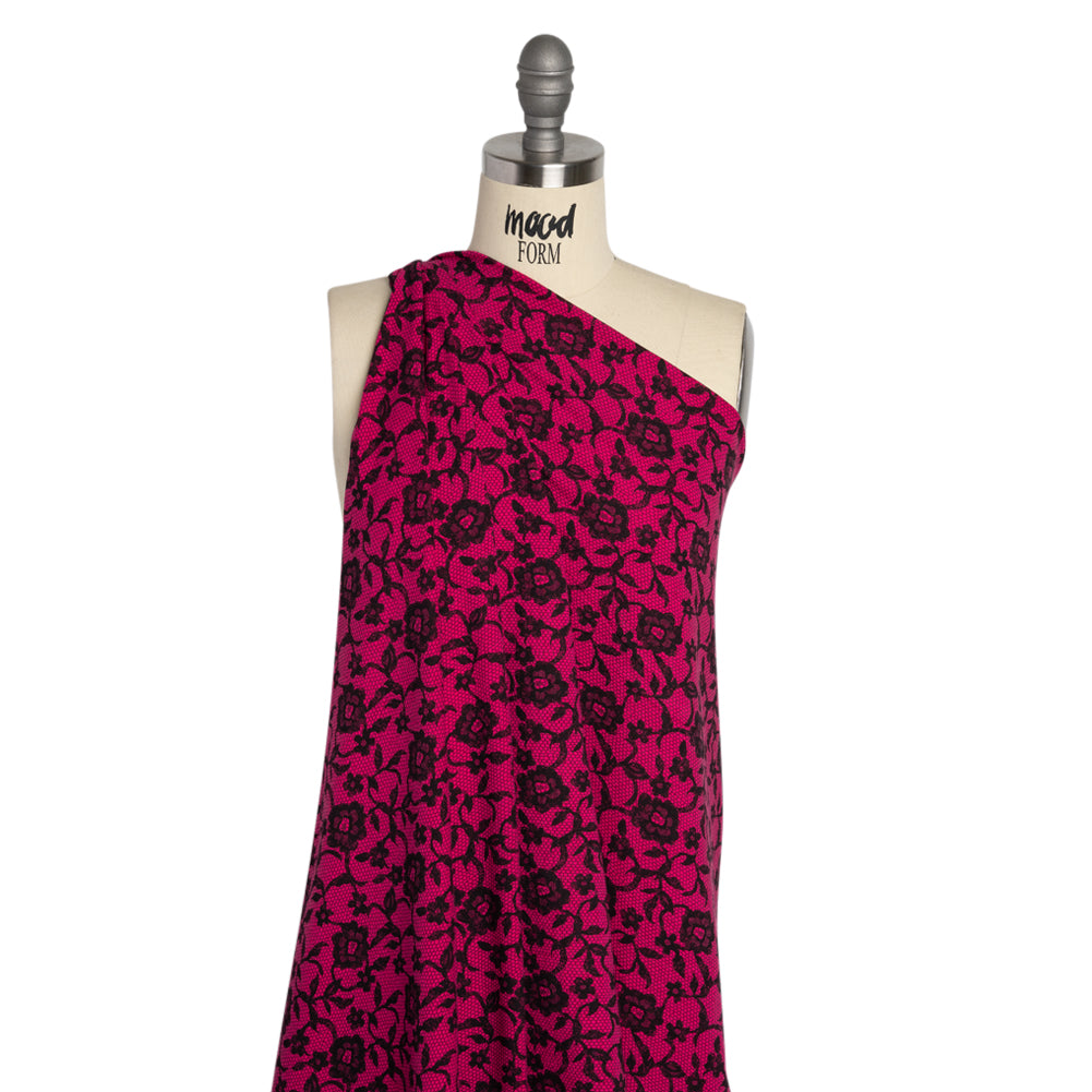 Hot Pink and Black Floral Lace Print Stretch Cotton Jersey Drape
