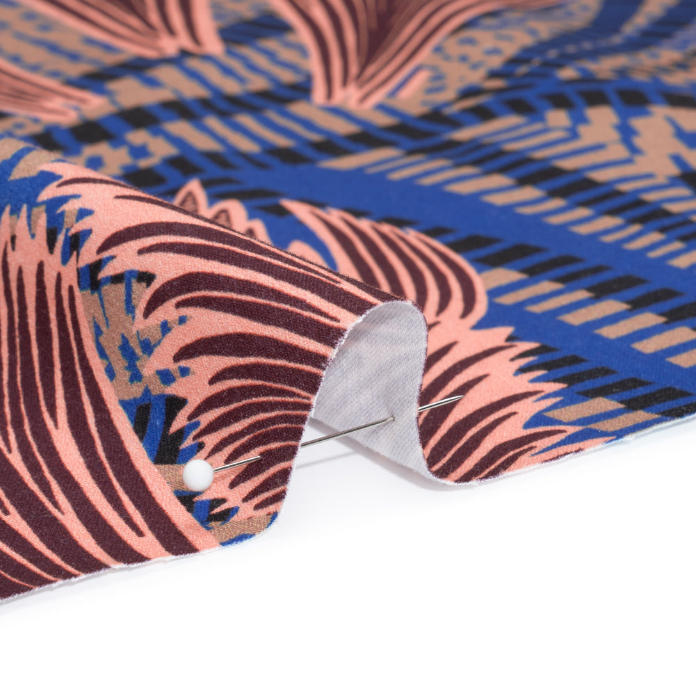 Stretch Cotton Sateen - Cobalt Blue and Burgundy Feathers Detail