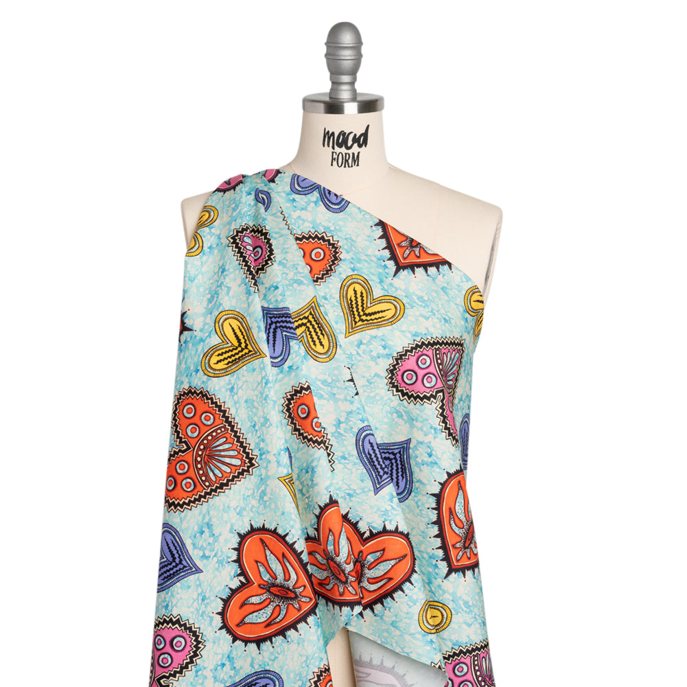 Stretch Cotton Twill - Blue, Orange and Pink Stranger Hearts Drape