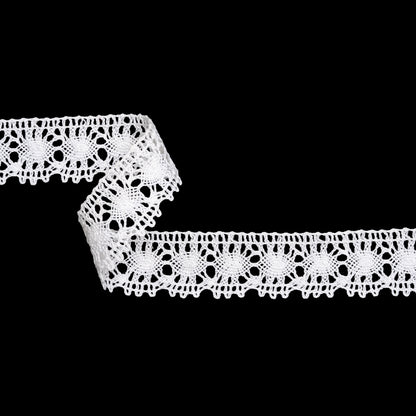 Cotton Bobbin Lace Trim - 1.375" - White Lozenge Webs and Scallops