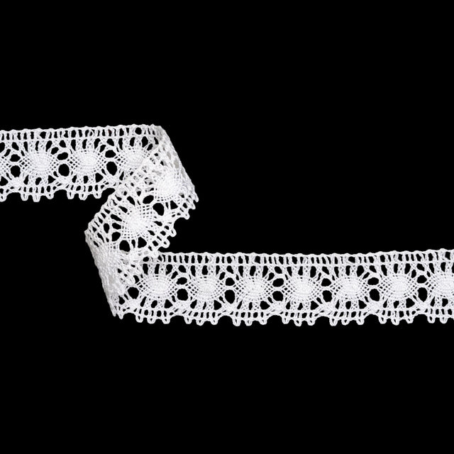 Cotton Bobbin Lace Trim - 1.375" - White Lozenge Webs and Scallops