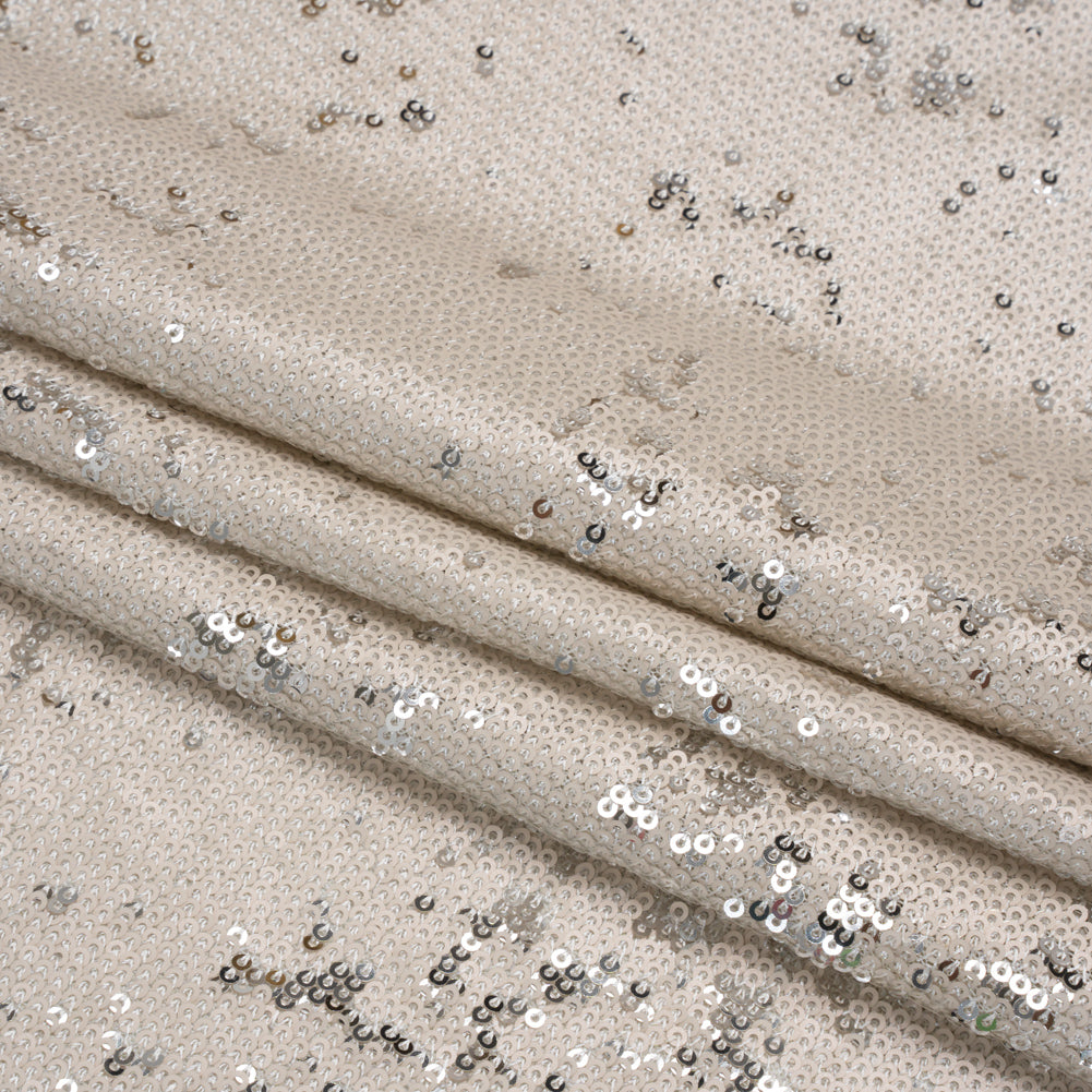 Two-Tone Flippable Baby Sequins on Mesh - Pale Beige and Silver - Deadstock Folded