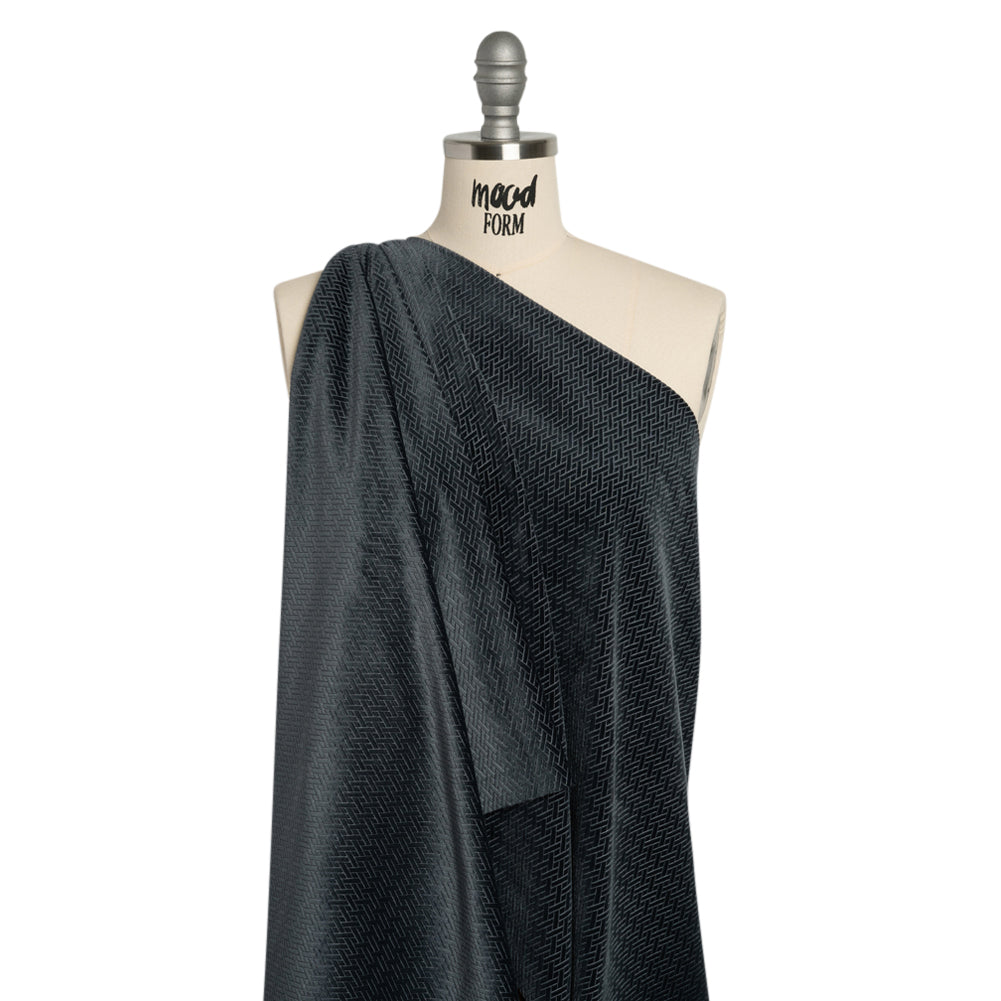 Embossed Polyester Velvet - Gray Woven Lattice - Deadstock Drape