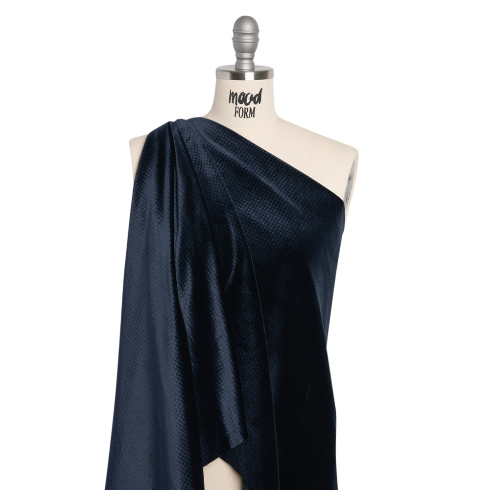 Embossed Polyester Velvet - Navy Little Squares - Deadstock Drape