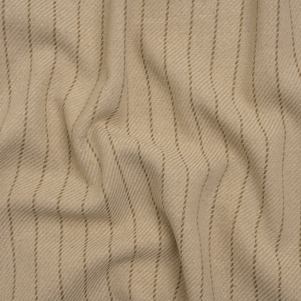 Brushed Wool Blend Twill - Beige and Brown Chalk Stripes - Deadstock