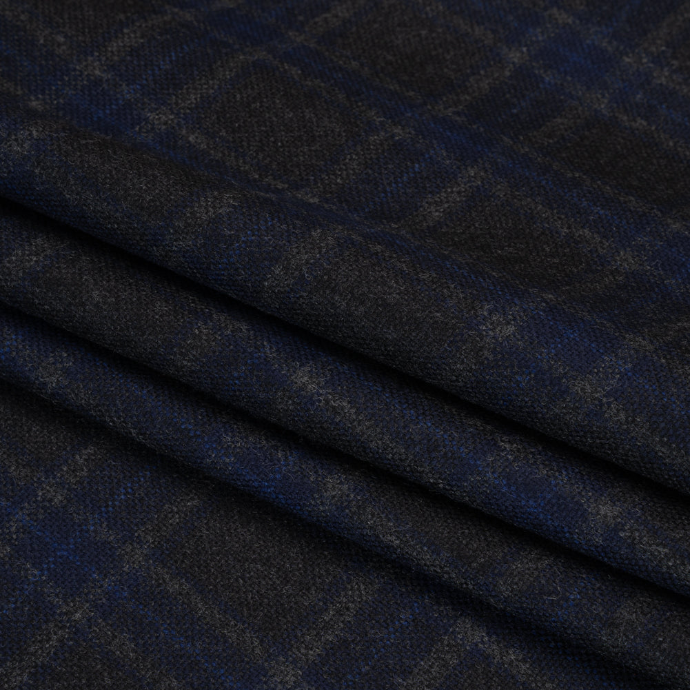 Wool Blend Woven - Charcoal and Blue Plaid - Deadstock Folded