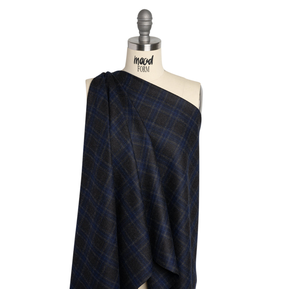 Wool Blend Woven - Charcoal and Blue Plaid - Deadstock Drape