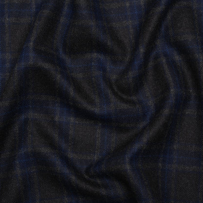 Wool Blend Woven - Charcoal and Blue Plaid - Deadstock