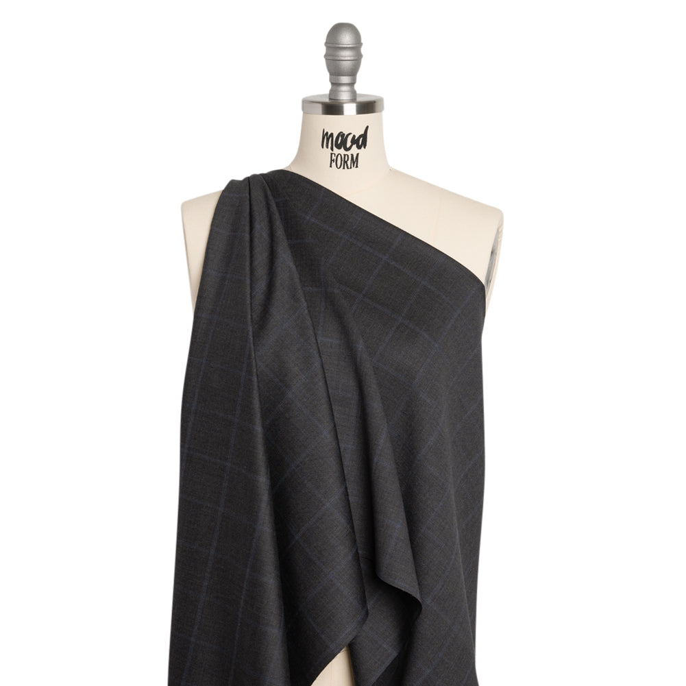 Wool Suiting - Gray and Blue Windowpane Check - Deadstock Drape