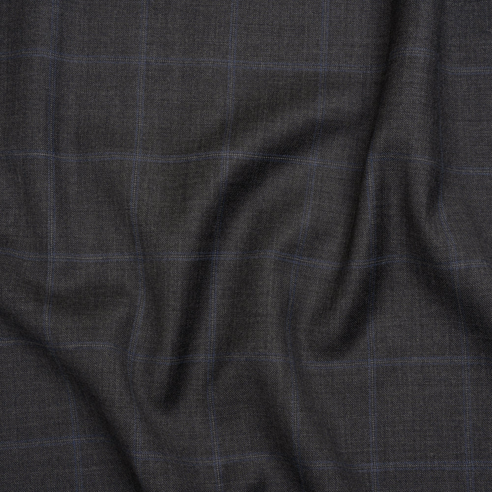 Wool Suiting - Gray and Blue Windowpane Check - Deadstock