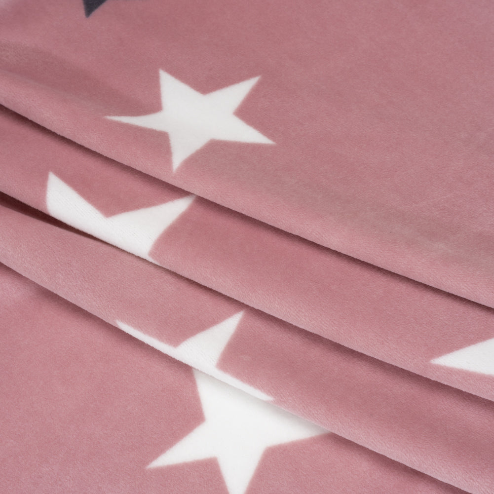 Stretch Polyester Minky Fleece - Dusty Pink, White and Gray Stars - Deadstock - Folded