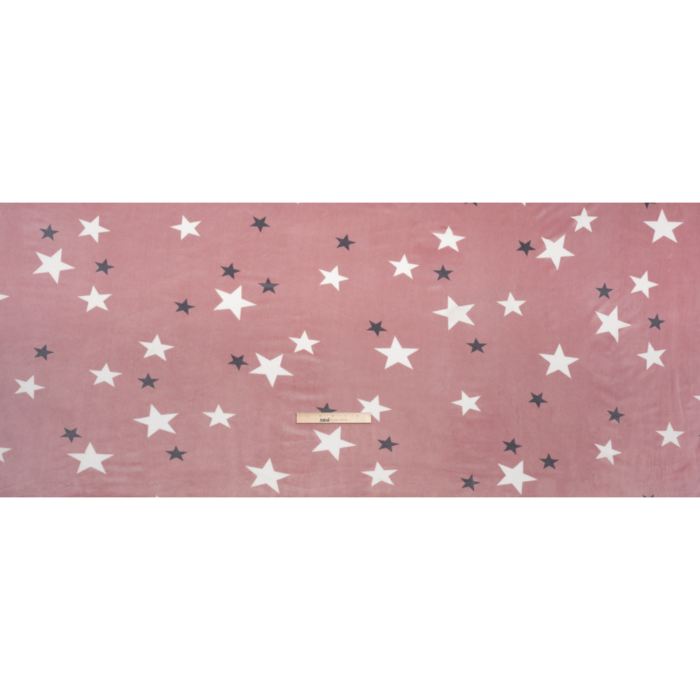 Stretch Polyester Minky Fleece - Dusty Pink, White and Gray Stars - Deadstock - Full
