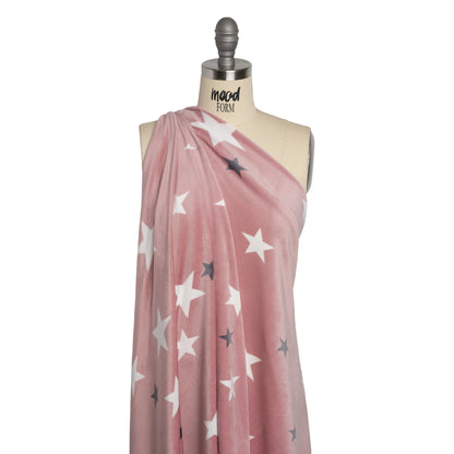 Stretch Polyester Minky Fleece - Dusty Pink, White and Gray Stars - Deadstock