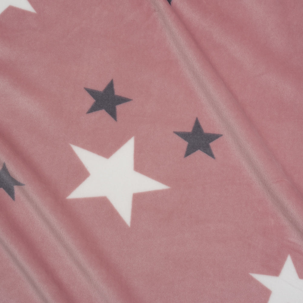 Stretch Polyester Minky Fleece - Dusty Pink, White and Gray Stars - Deadstock