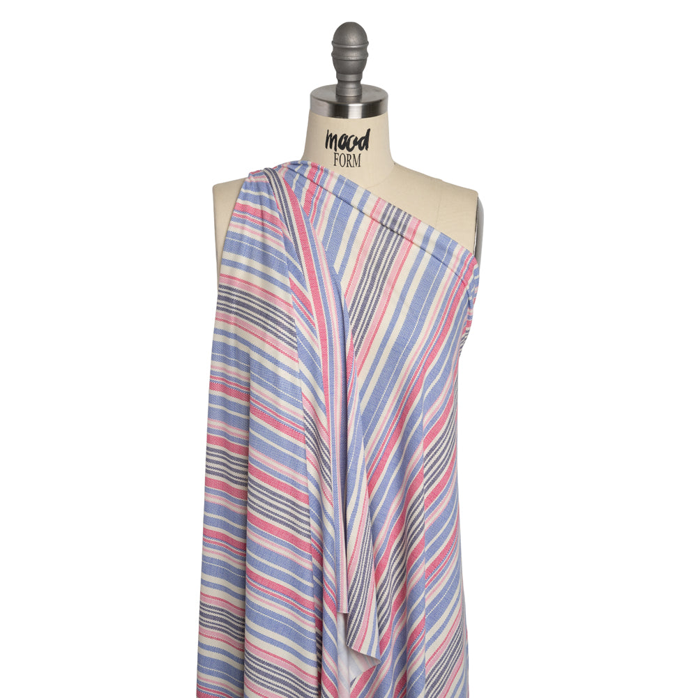 Stretch Rayon Jersey - Pink, Blue and Cream Stripes - Deadstock - Drape