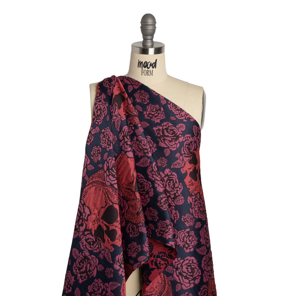 Floral and Skull Brocade - Navy, Red and Magenta - Mood Exclusive - Drape