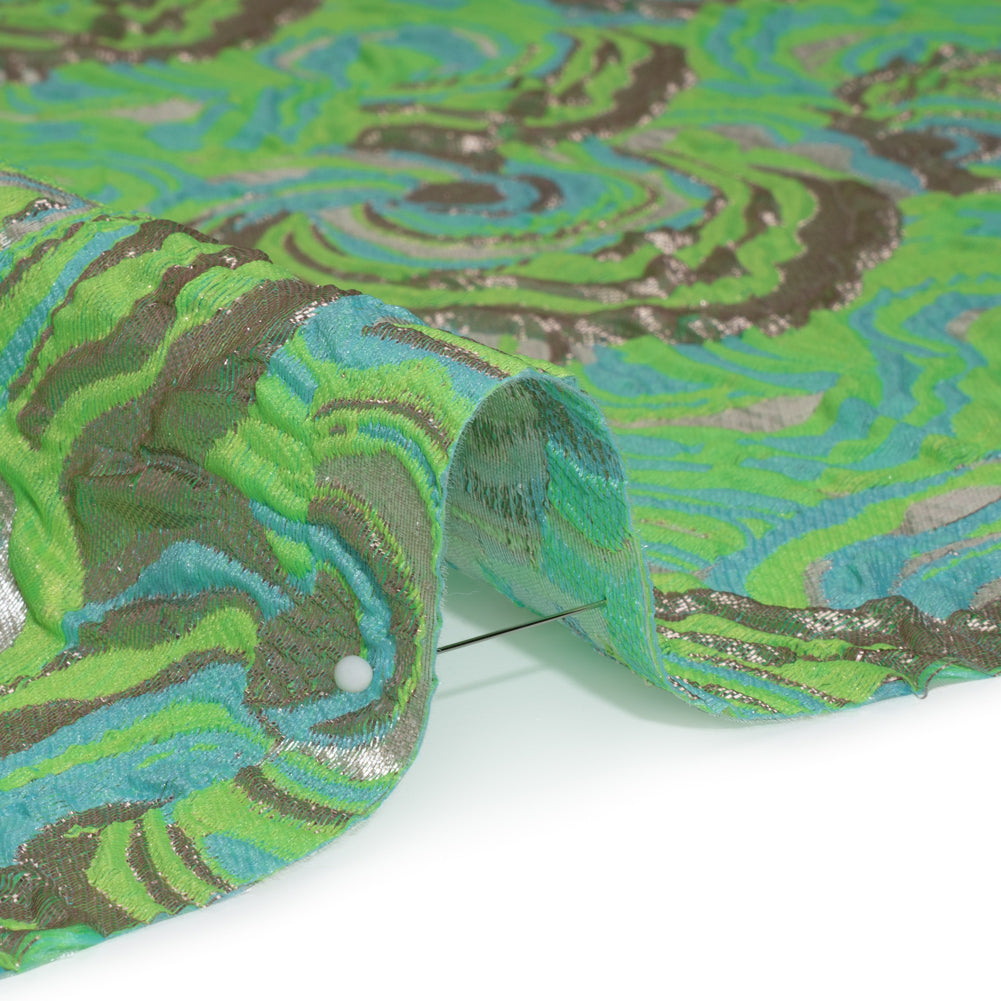Swirls Luxury Brocade - Neon Green, Sky Blue and Metallic Gold