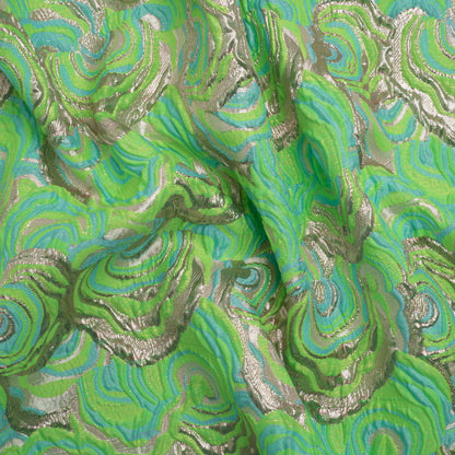 Swirls Luxury Brocade - Neon Green, Sky Blue and Metallic Gold