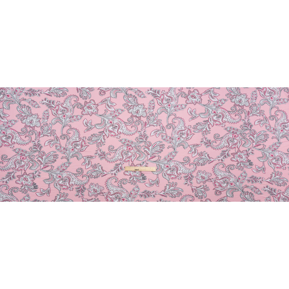 Stretch Rayon Jersey - Pink and Gray Jacobean Floral - Deadstock