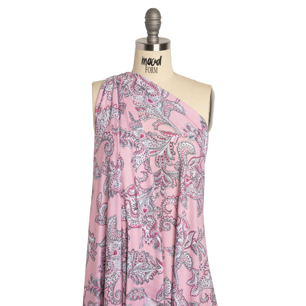 Stretch Rayon Jersey - Pink and Gray Jacobean Floral - Deadstock