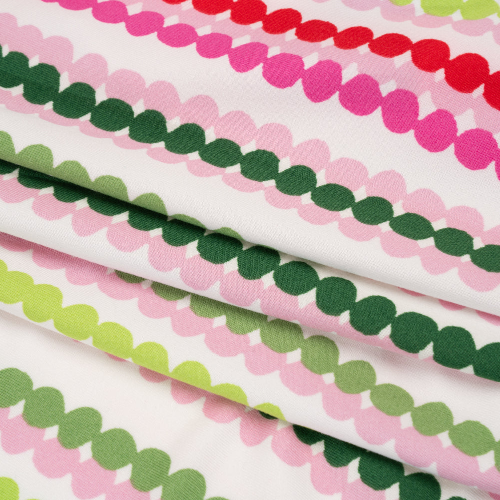 Stretch Polyester ITY Jersey - Pink, Green and White Dot Stripes - Deadstock