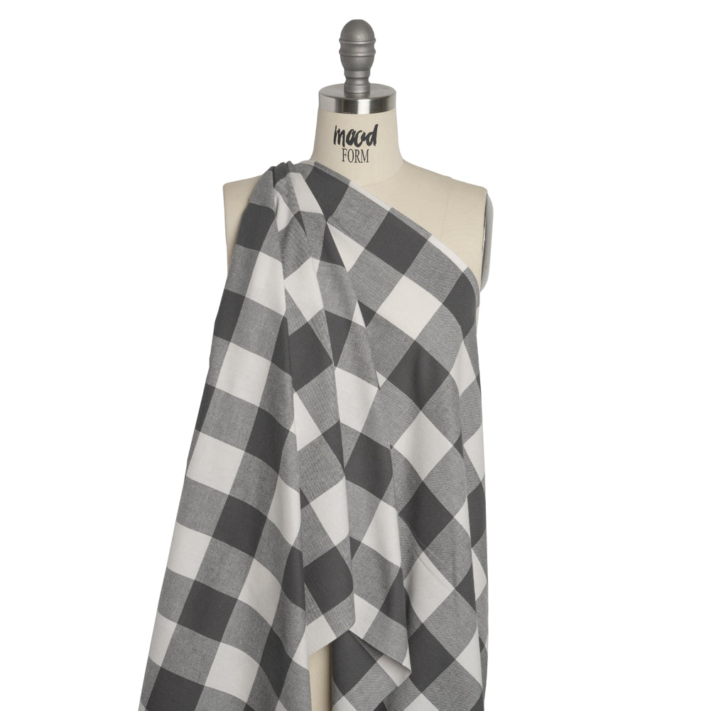 Lightweight Cotton Twill - Off White and Charcoal Gray Buffalo Check - Deadstock - Drape