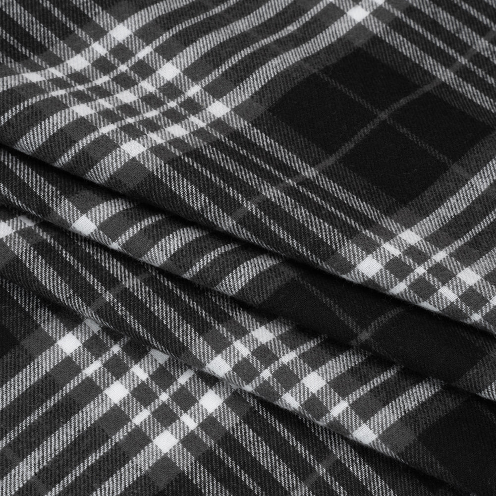 Cotton and Rayon Flannel Twill - Black, Charcoal and White Plaid - Deadstock