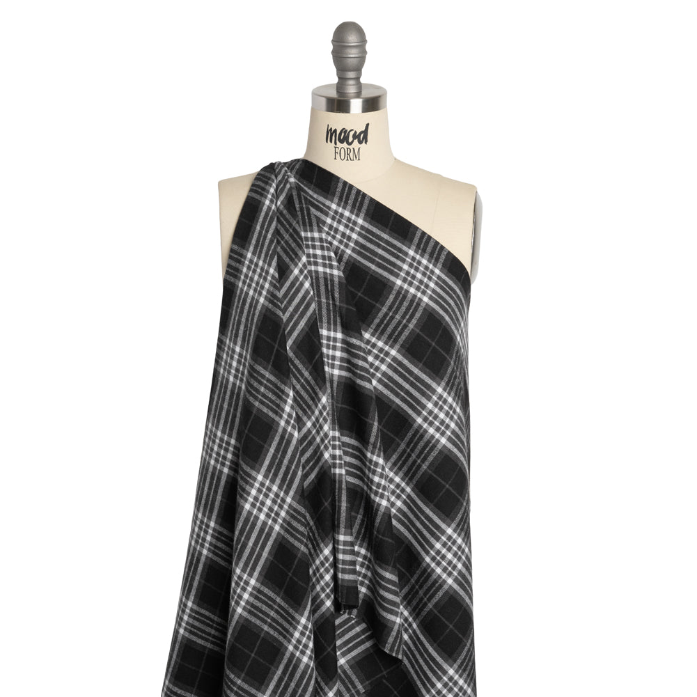 Cotton and Rayon Flannel Twill - Black, Charcoal and White Plaid - Deadstock