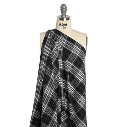 Cotton and Rayon Flannel Twill - Black, Charcoal and White Plaid - Deadstock