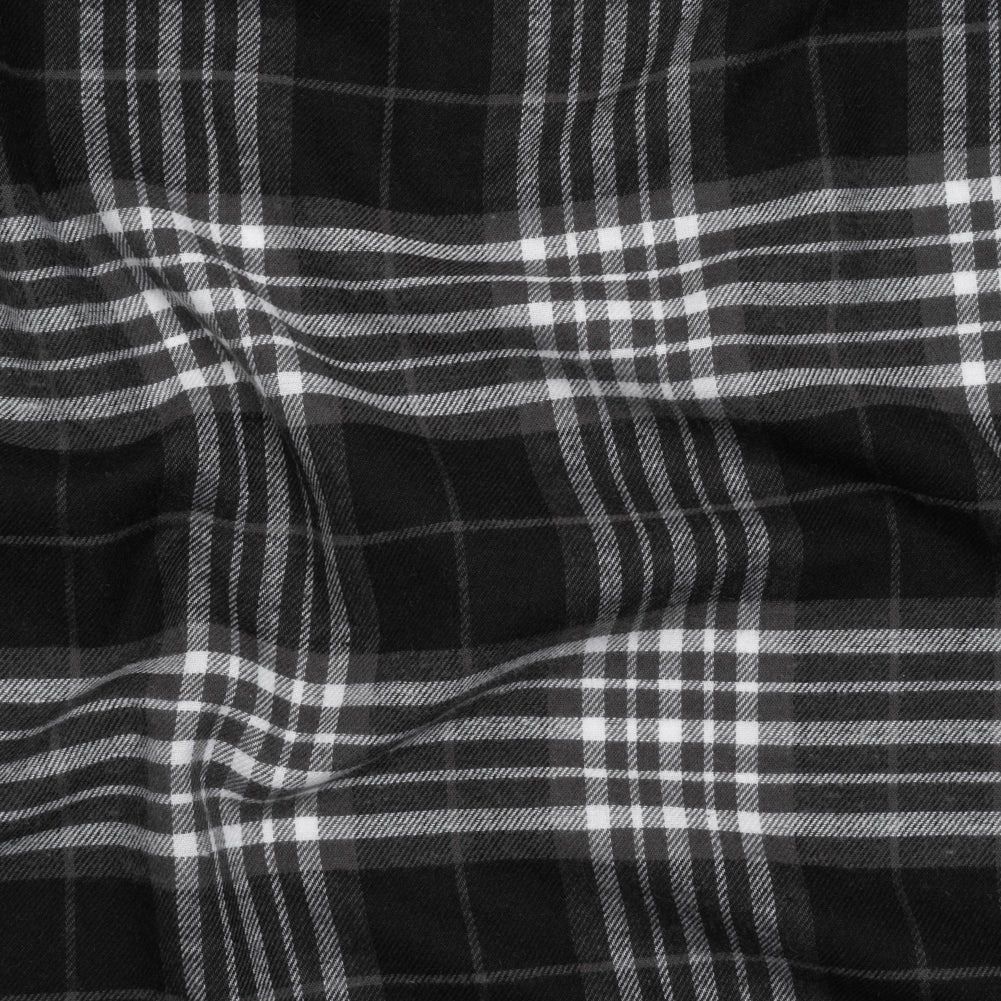 Cotton and Rayon Flannel Twill - Black, Charcoal and White Plaid - Deadstock