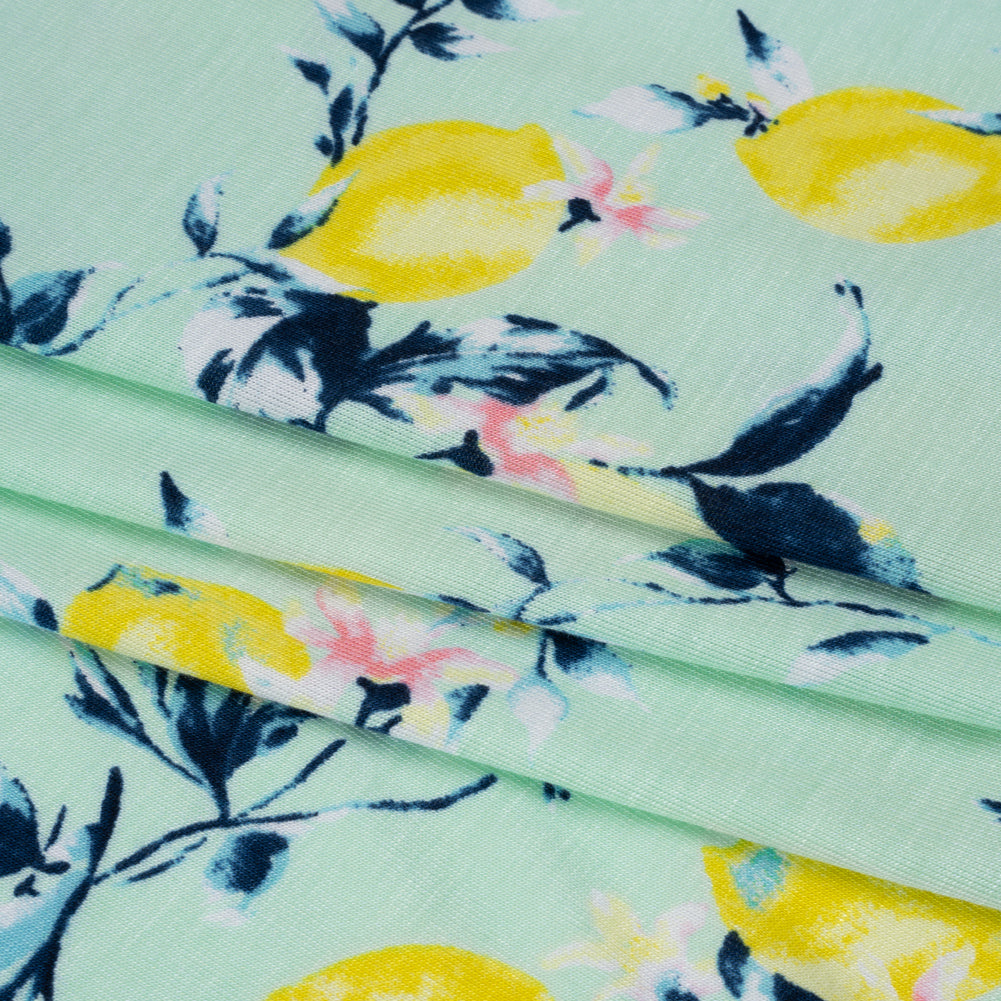 Stretch Rayon Jersey - Mint, Teal and Yellow Lemons on Trees - Deadstock
