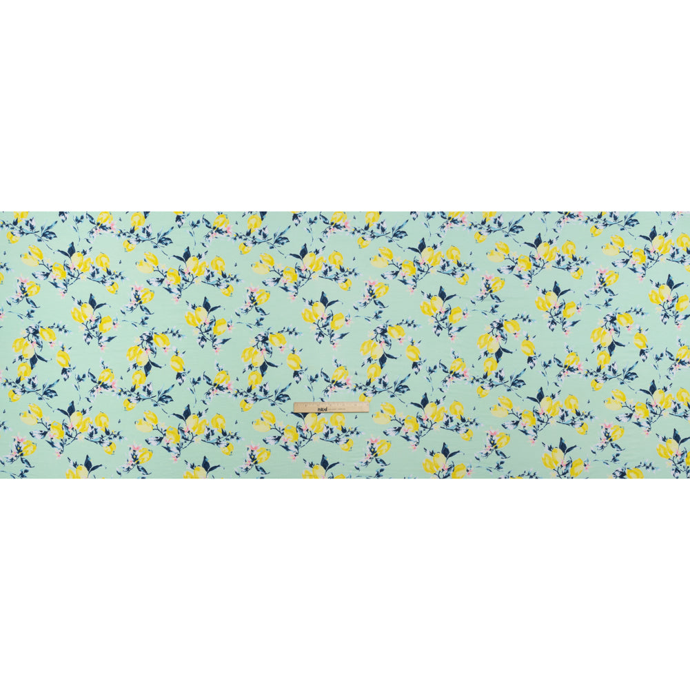 Stretch Rayon Jersey - Mint, Teal and Yellow Lemons on Trees - Deadstock