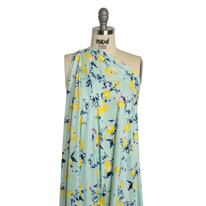 Stretch Rayon Jersey - Mint, Teal and Yellow Lemons on Trees - Deadstock
