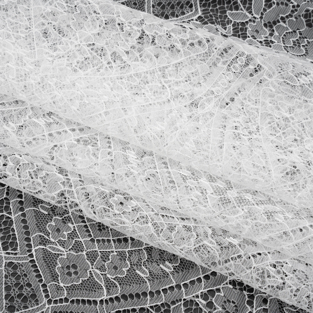 Re-Embroidered Chantilly Lace - White Floral Baskets - Folded