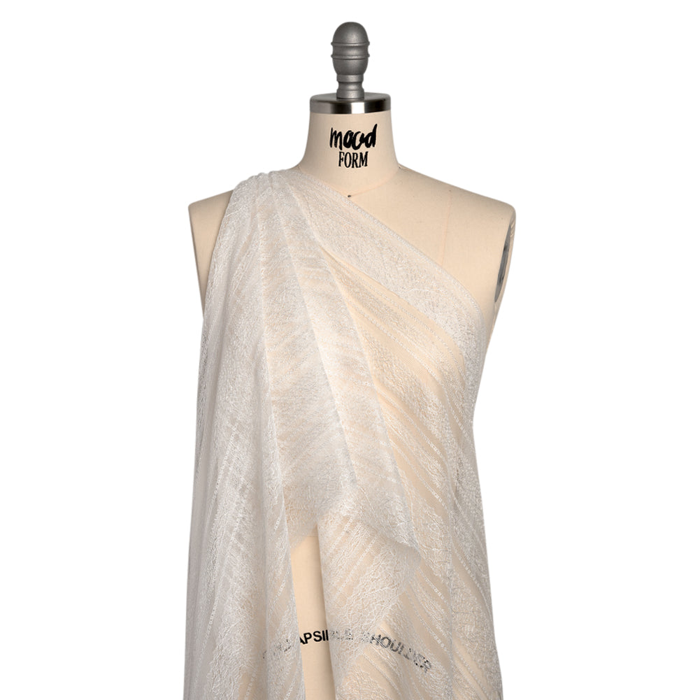 Delicate Lace - Lustrous White Floral and Abstract Stripes - Drape