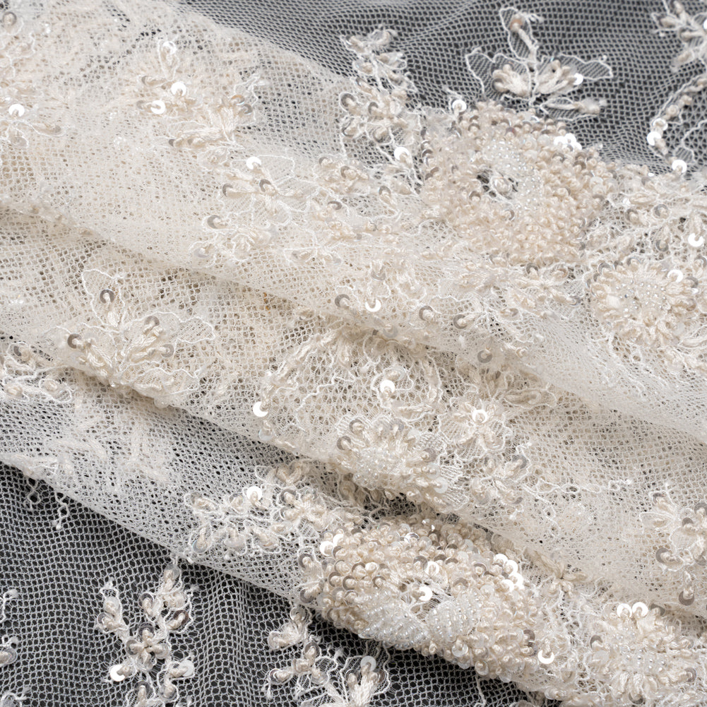 Embroidered Lace with Beading, Sequins, and Finished Edges - Off White Floral Folded