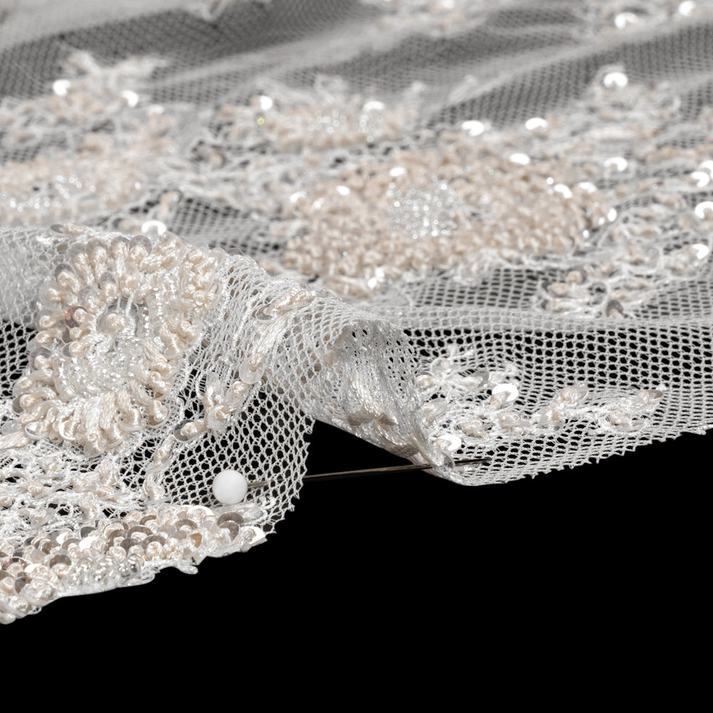 Embroidered Lace with Beading, Sequins, and Finished Edges - Off White Floral Detail