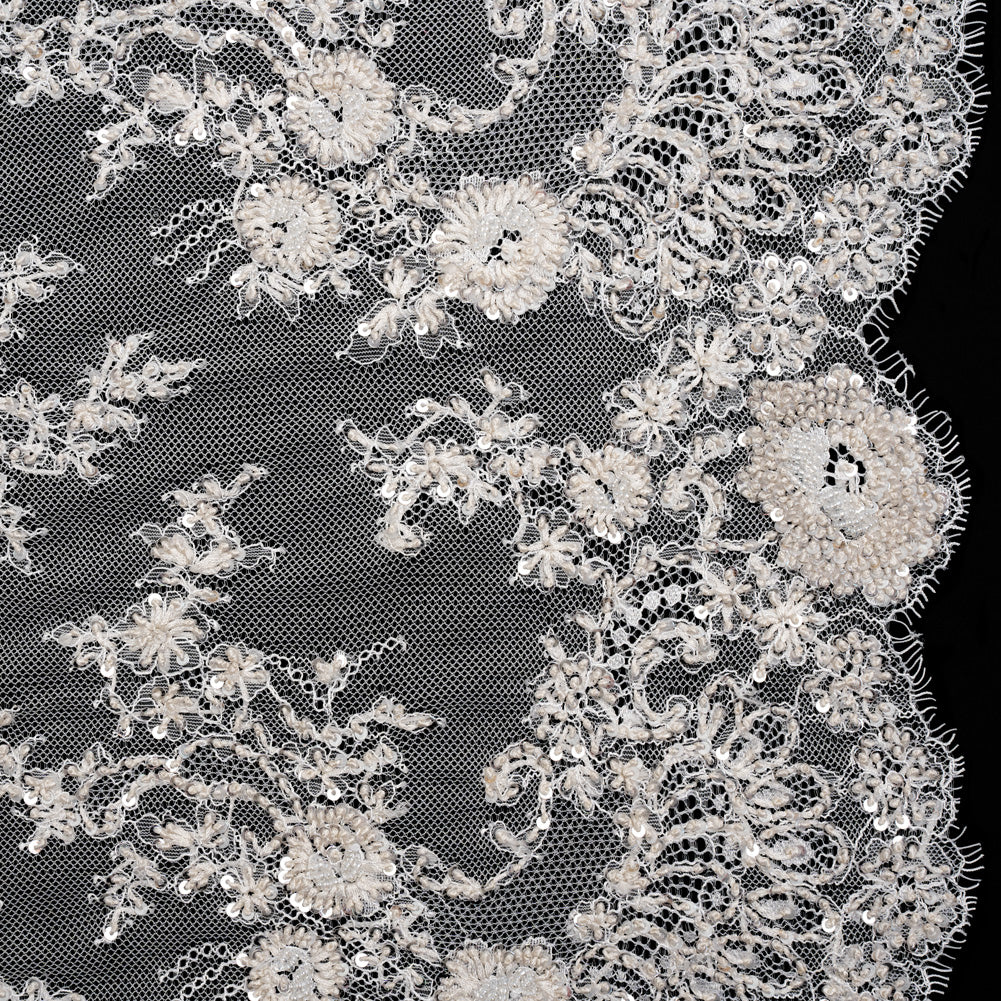 Embroidered Lace with Beading, Sequins, and Finished Edges - Off White Floral