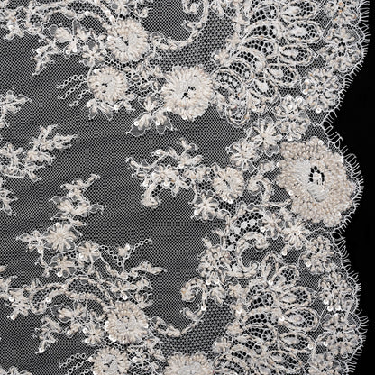 Embroidered Lace with Beading, Sequins, and Finished Edges - Off White Floral