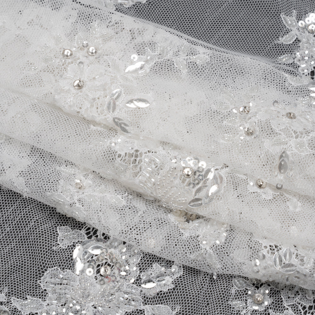Chantilly Lace with Beads, Sequins and Finished Edges - Off White and Silver Floral - Folded
