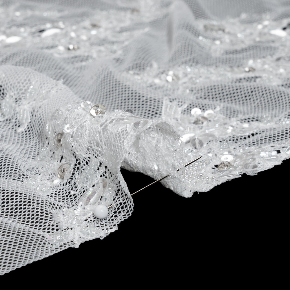 Chantilly Lace with Beads, Sequins and Finished Edges - Off White and Silver Floral - Detail