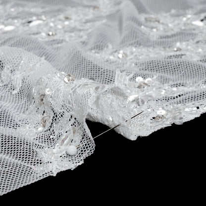 Chantilly Lace with Beads, Sequins and Finished Edges - Off White and Silver Floral
